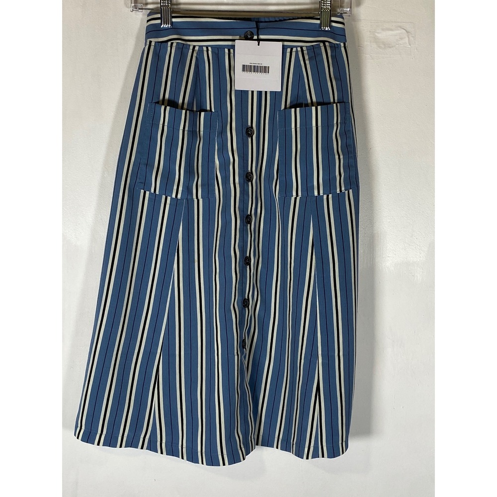 Atlas Blue Striped Button Front Midi A-Line Skirt XS Coastal Preppy Pockets